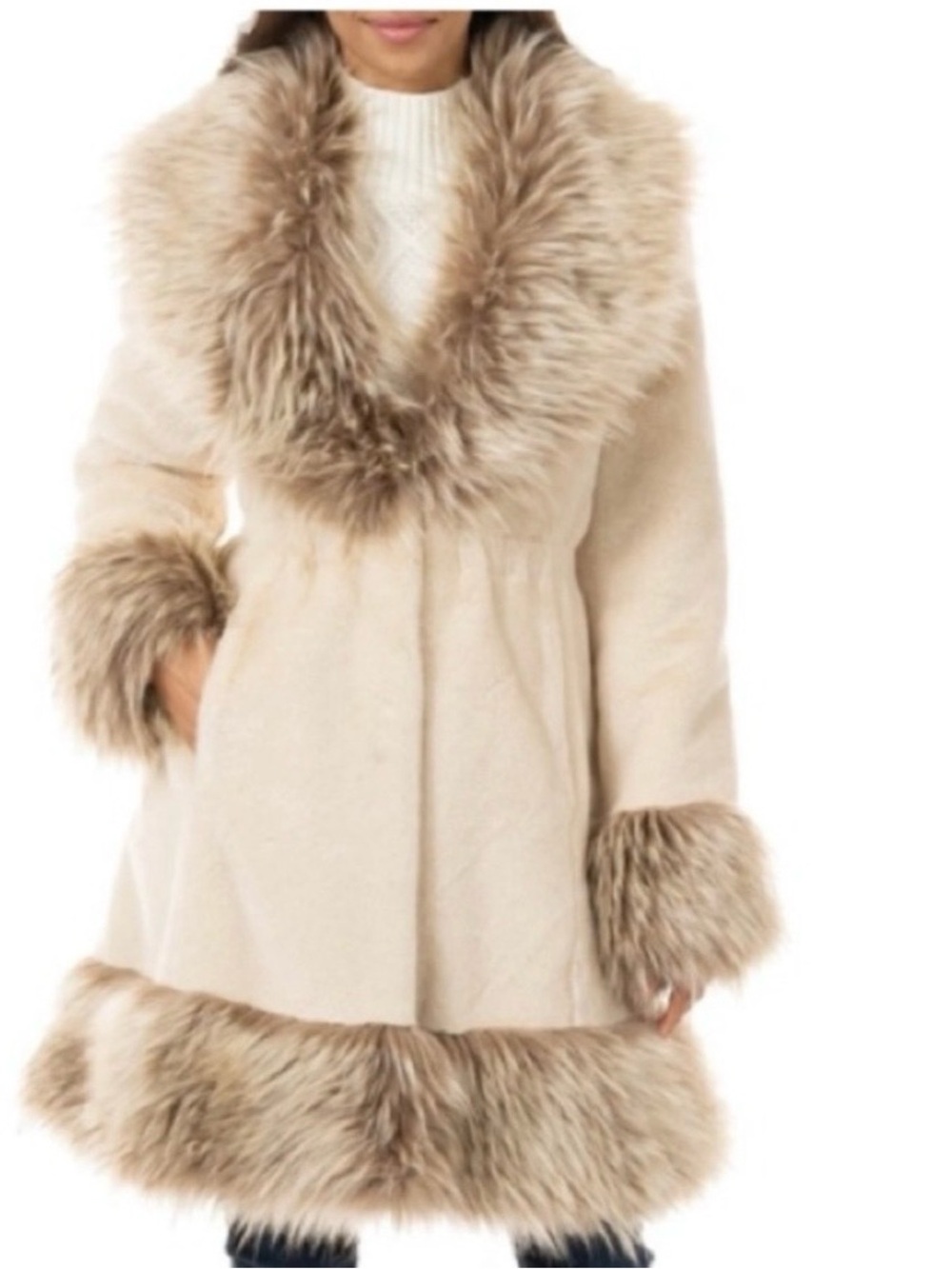 Fabulous Furs Cream Coat with Brown Fur Trim